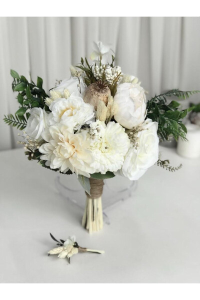 New Season Cream Arrangement Bridal Flower Bridal Bouquet and Groom Boutonniere Special Design - 9