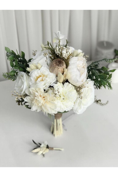 New Season Cream Arrangement Bridal Flower Bridal Bouquet and Groom Boutonniere Special Design - 8