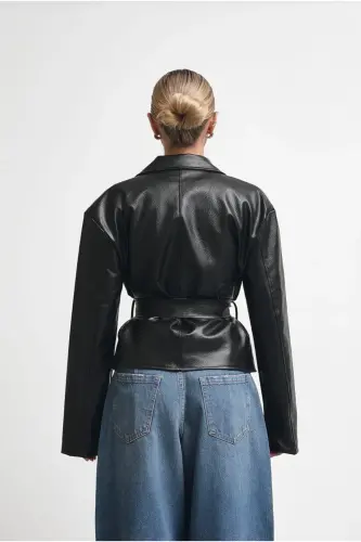 New Season Double-Breasted Belted Buttoned Leather Jacket - Black&Black - LALELI BUTIK (1)