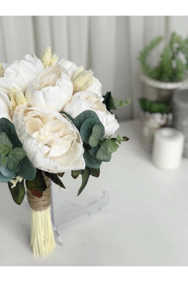 New Season Eucalyptus Cream Peony Bridal Bouquet and Groom Boutonniere Special Design - 10