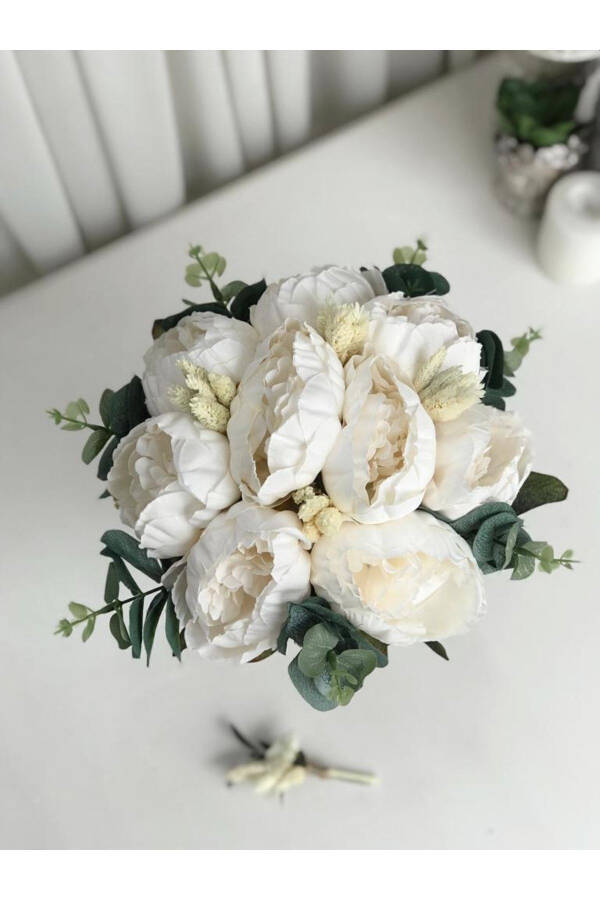 New Season Eucalyptus Cream Peony Bridal Bouquet and Groom Boutonniere Special Design - 11