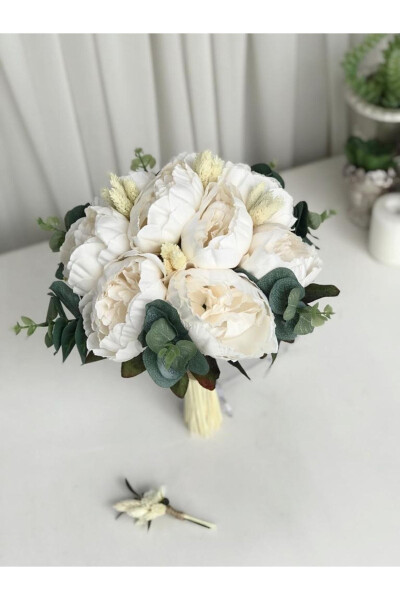 New Season Eucalyptus Cream Peony Bridal Bouquet and Groom Boutonniere Special Design - 12