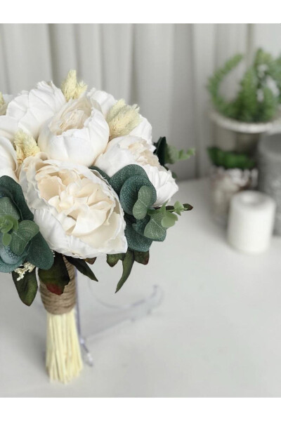 New Season Eucalyptus Cream Peony Bridal Bouquet and Groom Boutonniere Special Design - 6