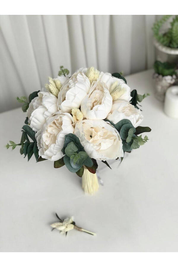 New Season Eucalyptus Cream Peony Bridal Bouquet and Groom Boutonniere Special Design - 8