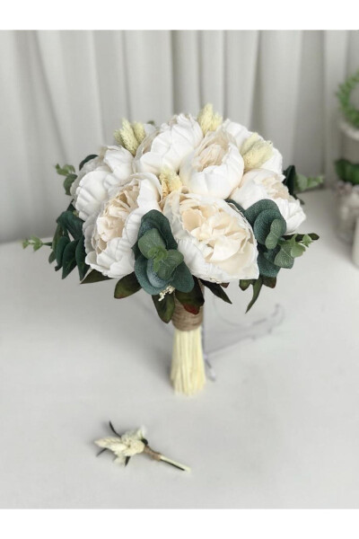 New Season Eucalyptus Cream Peony Bridal Bouquet and Groom Boutonniere Special Design - 1