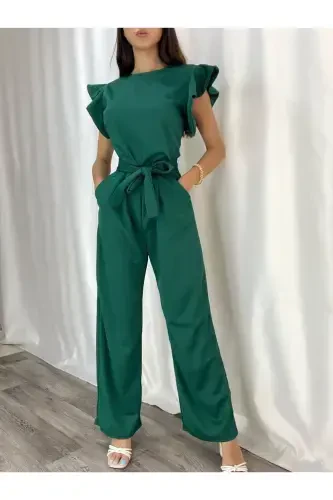 New Season Flexible Green Crepe Fabric Sleeves Volant Detailed Evening and Graduation Dress 582183 705-GREEN 705 - 3