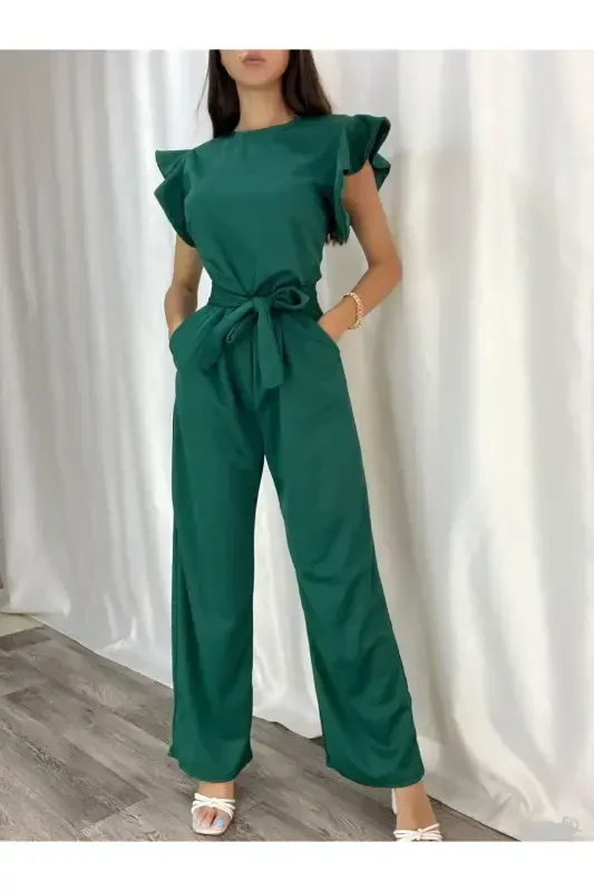 New Season Flexible Green Crepe Fabric Sleeves Volant Detailed Evening and Graduation Dress 582183 705-GREEN 705 - 3