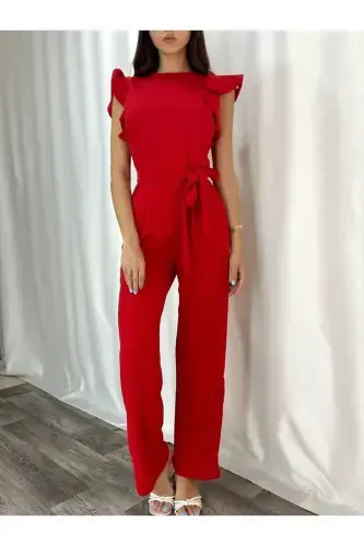 New Season Flexible Red Crepe Fabric Evening and Graduation Dress with Ruffled Sleeve Detail 582183 705-RED 705 - 1