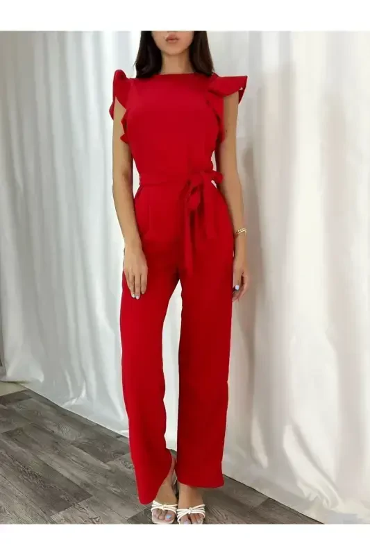 New Season Flexible Red Crepe Fabric Evening and Graduation Dress with Ruffled Sleeve Detail 582183 705-RED 705 - 1