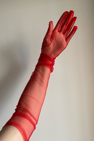 New Season Gloves Red Elbow Length Long Tulle Bridal Gloves Outdoor Photography Gloves - GENEL MARKALAR (1)