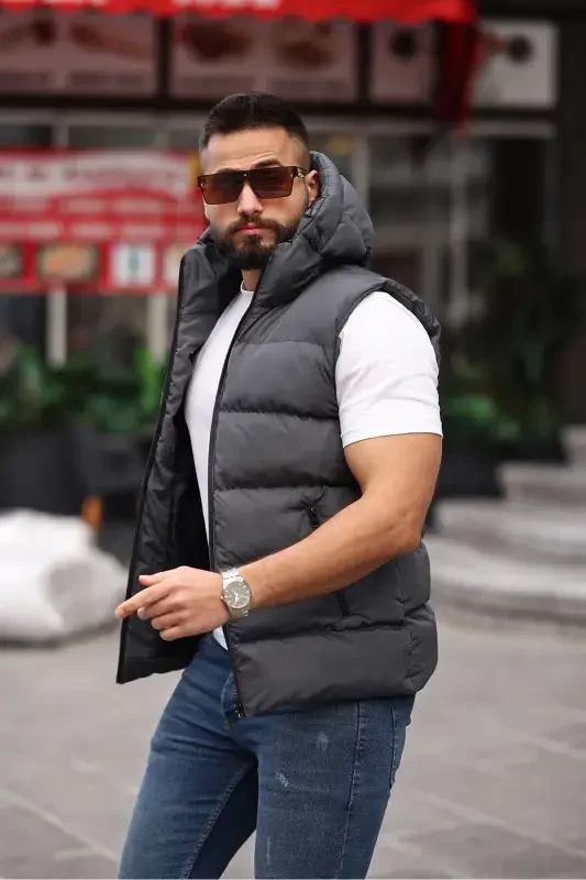 NEW SEASON HOODED WATERPROOF PUFFER VEST-ANTHRACITE - 3