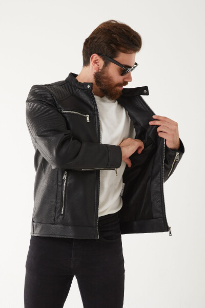 New season leather jacket with fur lining and a plain design. - 6