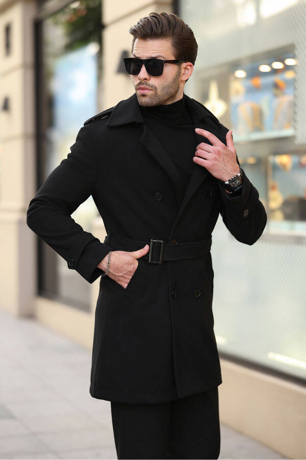 New season long men's cashmere coat with belted button details. - 9