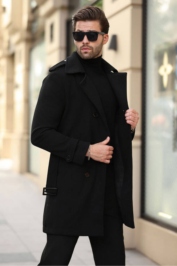 New season long men's cashmere coat with belted button details. - 10