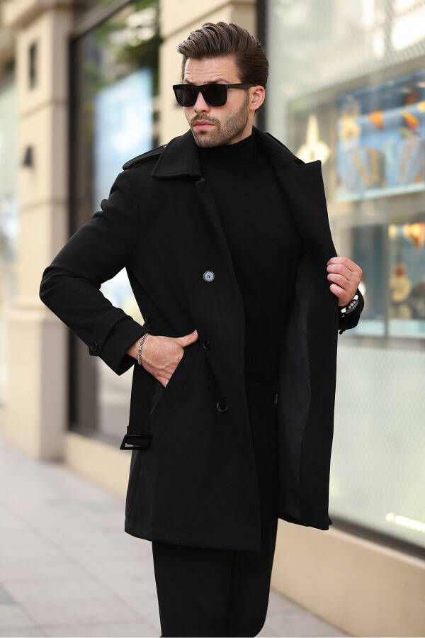 New season long men's cashmere coat with belted button details. - 14