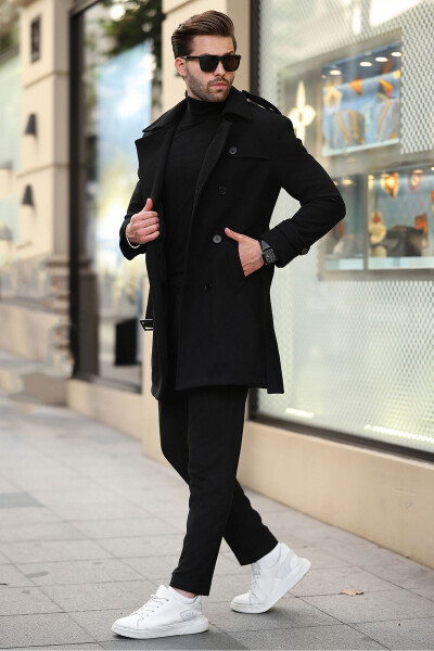 New season long men's cashmere coat with belted button details. - 7