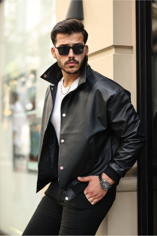 New Season Men's Button Detailed Shirt Collar Black Leather Jacket - 4