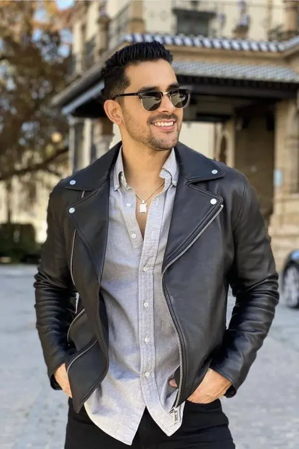 New Season Men's Button Detailed Shirt Collar Black Leather Jacket - 1