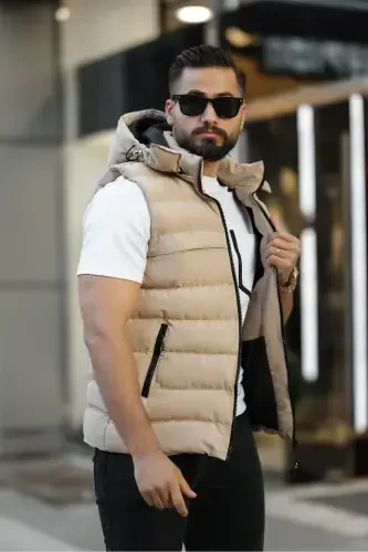NEW SEASON MEN'S DETACHABLE HOODED PUFFER VEST-DARKBEIGE - 3