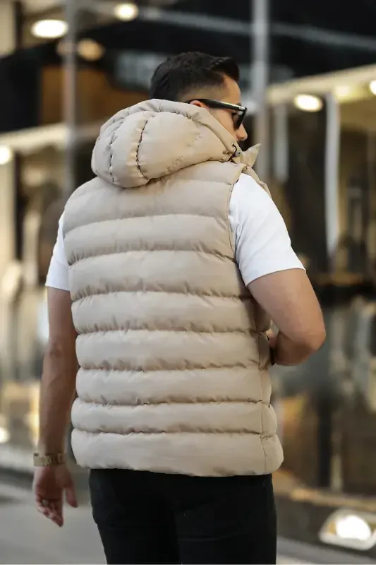 NEW SEASON MEN'S DETACHABLE HOODED PUFFER VEST-DARKBEIGE - 4