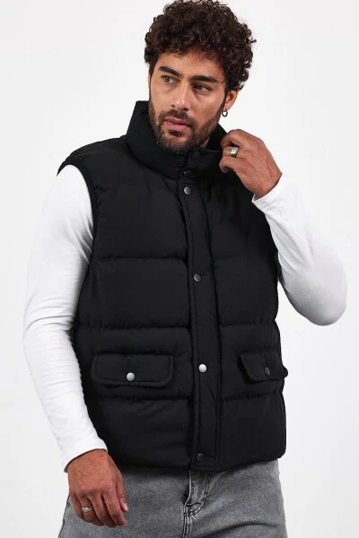 New season men's padded black puffer vest with zipper and snap closure. - 6