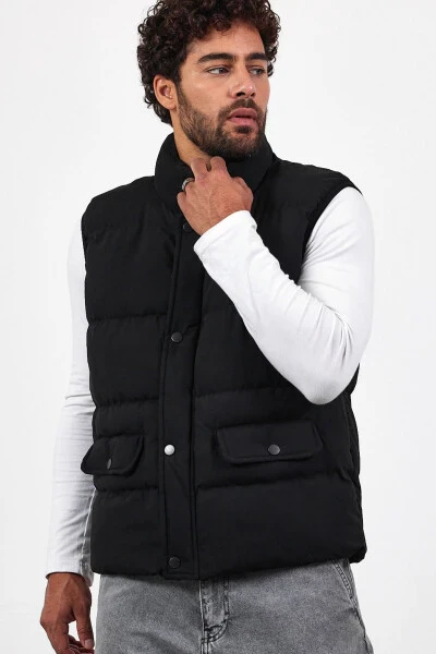 New season men's padded black puffer vest with zipper and snap closure. - 7