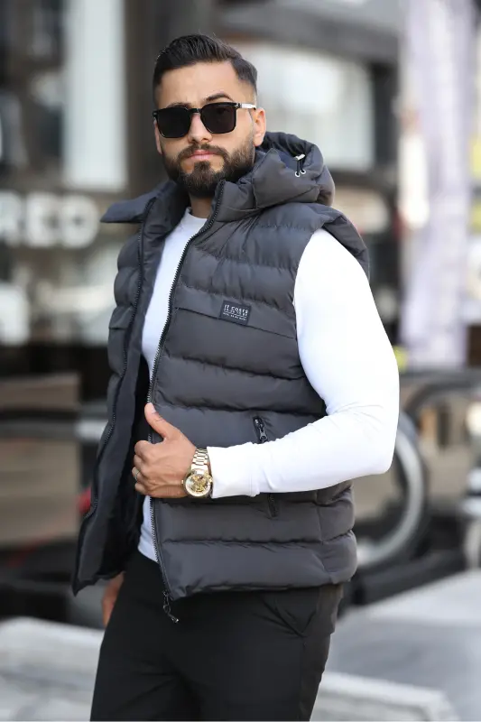 NEW SEASON MEN'S REMOVABLE HOODED PUFFER VEST - ANTHRACITE - 1
