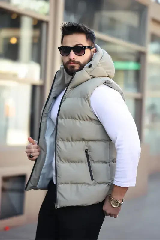 NEW SEASON MEN'S WATERPROOF HOODED PUFFER VEST-Khaki - 2