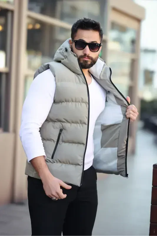 NEW SEASON MEN'S WATERPROOF HOODED PUFFER VEST-Khaki - 3