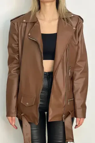 New Season Oversize Long Women's Brown Leather Jacket-Brown - 3