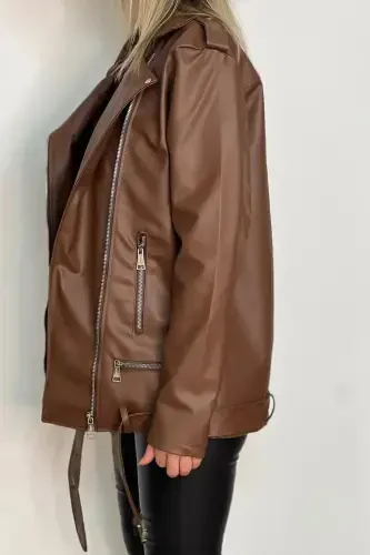 New Season Oversize Long Women's Brown Leather Jacket-Brown - 5