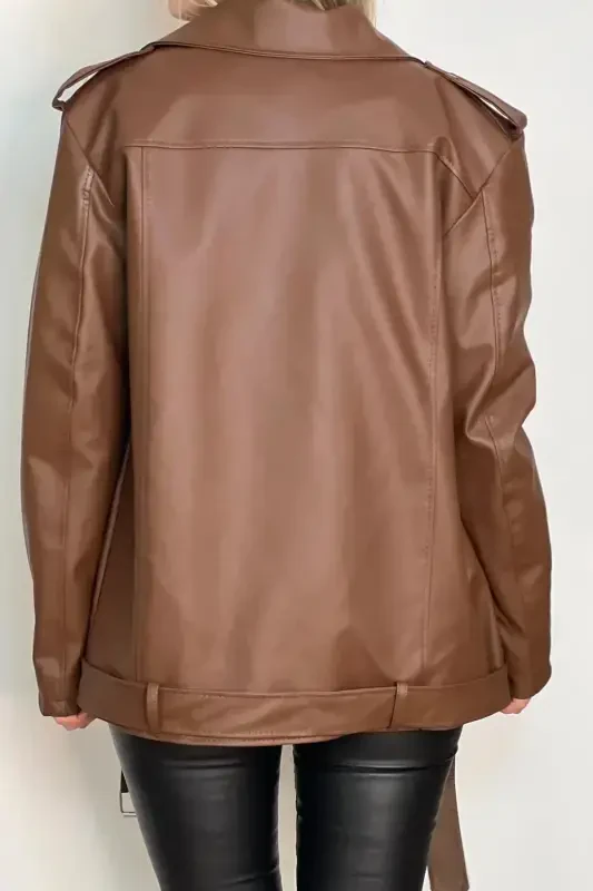 New Season Oversize Long Women's Brown Leather Jacket-Brown - 6