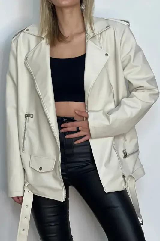 New Season Oversize Long Women's Cream Leather Jacket-Cream - 1