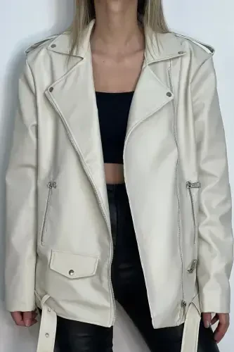 New Season Oversize Long Women's Cream Leather Jacket-Cream - JAGLION (1)