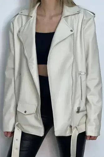 New Season Oversize Long Women's Cream Leather Jacket-Cream - 3