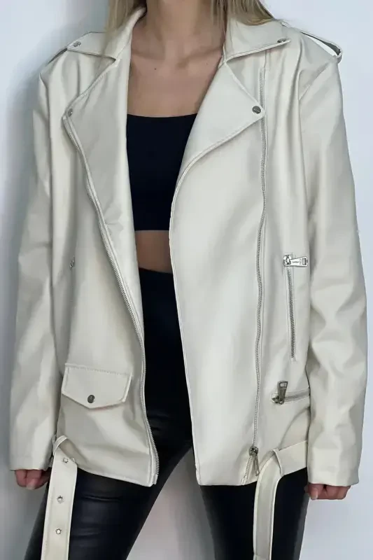 New Season Oversize Long Women's Cream Leather Jacket-Cream - 3