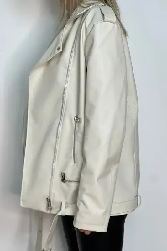 New Season Oversize Long Women's Cream Leather Jacket-Cream - 4
