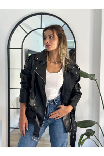 New Season Oversize Women's Black Biker Leather Jacket - 8