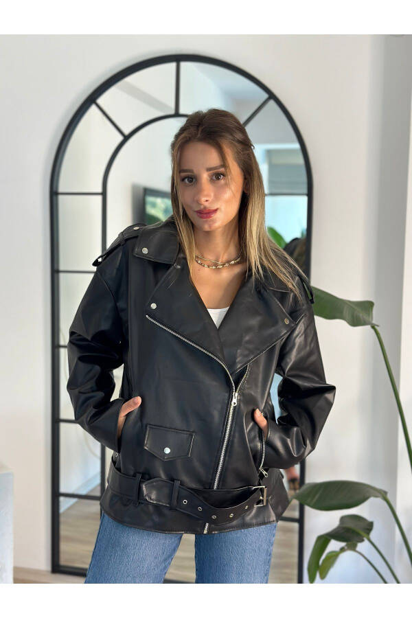 New Season Oversize Women's Black Biker Leather Jacket - 9