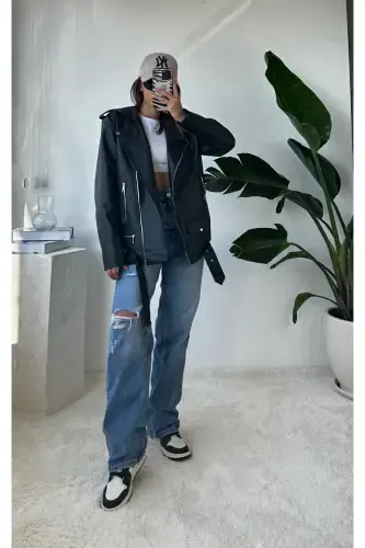 New Season Oversize Women's Black Biker Leather Jacket - 1