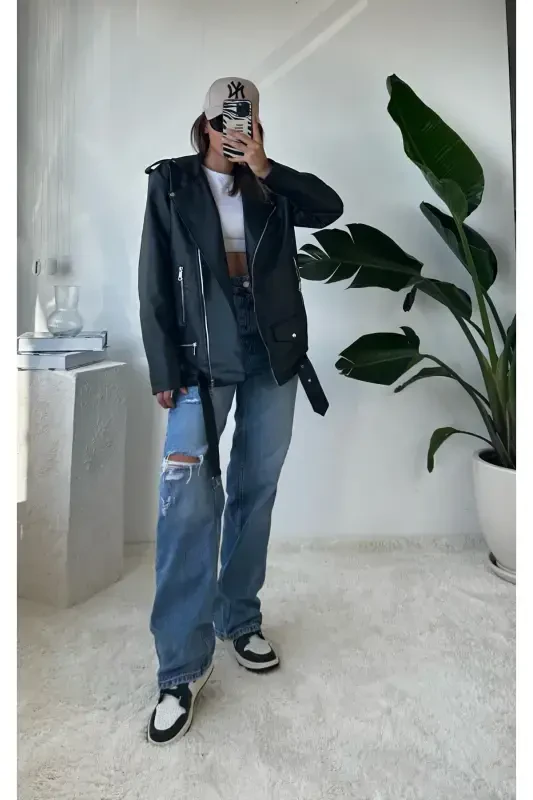 New Season Oversize Women's Black Biker Leather Jacket - NET OF NOT