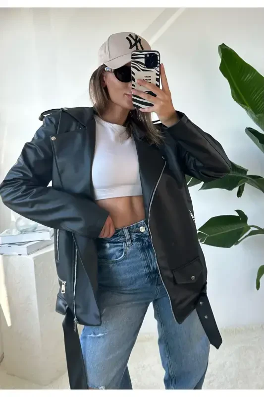 New Season Oversize Women's Black Biker Leather Jacket - 3