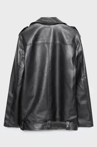 New Season Oversize Women's Black Biker Leather Jacket - 5
