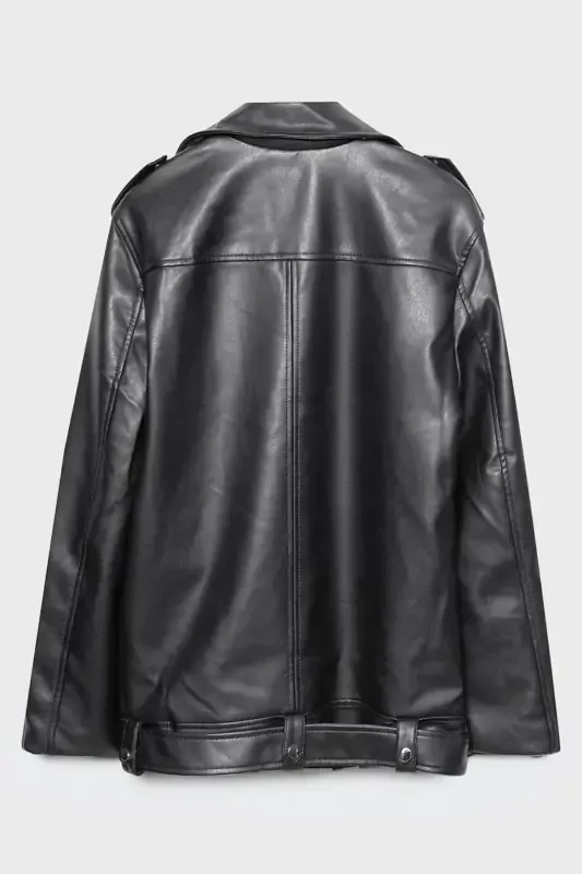 New Season Oversize Women's Black Biker Leather Jacket - 5