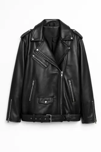 New Season Oversize Women's Black Biker Leather Jacket - 5