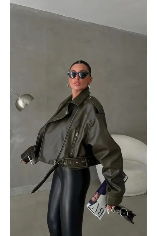 New Season Oversize Women's Green Biker Leather Jacket-Khaki - 2