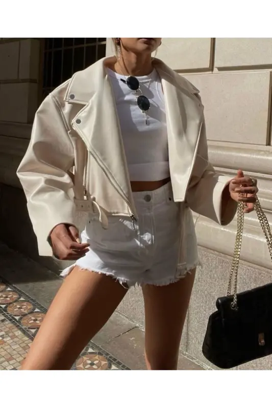 New Season Oversize Women's White Biker Leather Jacket-Cream - 1