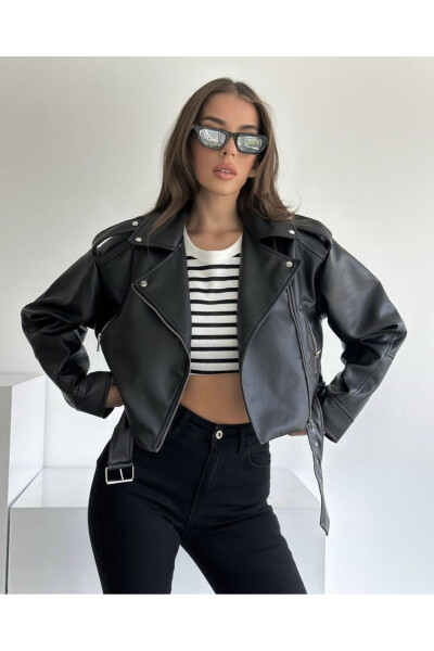 New Season Oversized Black Biker Leather Jacket - 2