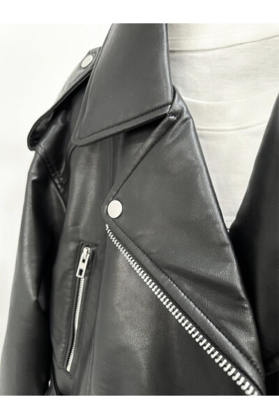 New Season Oversized Black Biker Leather Jacket - 4