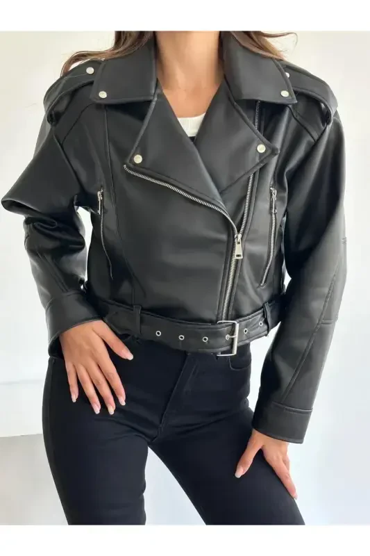 New Season Oversized Black Biker Leather Jacket - 2
